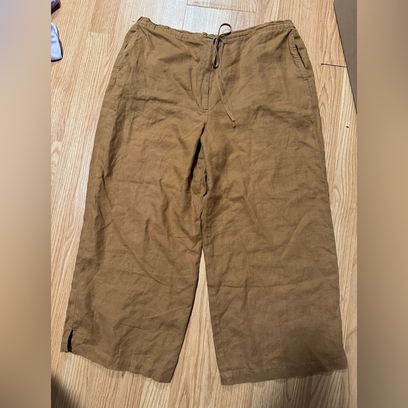 Laura Ashley size large camel brown 100% linen straight wide leg crop pant - Picture 1 of 7